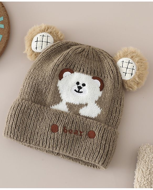 Babyhug Woollen Cap with Bear Applique Beige - Diameter 16.5 cm