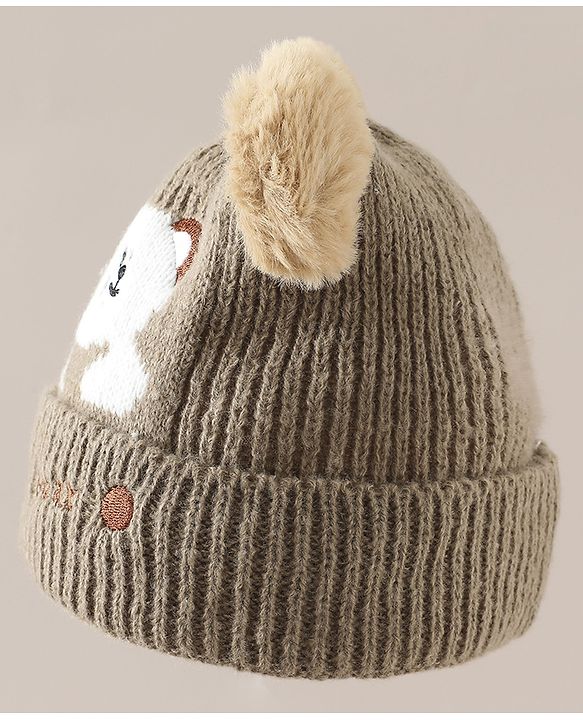 Babyhug Woollen Cap with Bear Applique Beige - Diameter 16.5 cm
