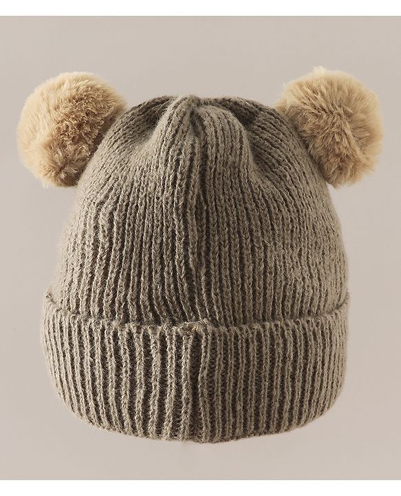 Babyhug Woollen Cap with Bear Applique Beige - Diameter 16.5 cm