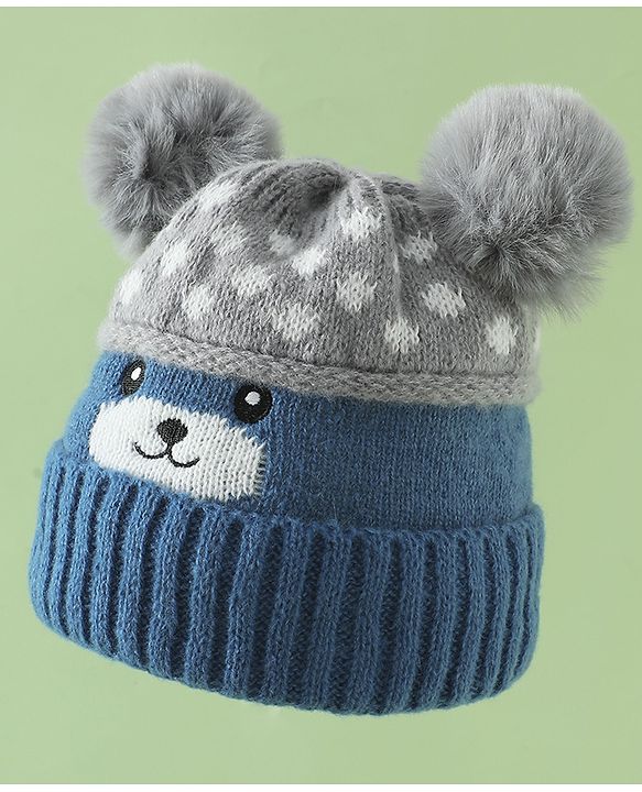 Babyhug Woollen Cap with Bear Print & Applique Blue - Diameter 17 cm