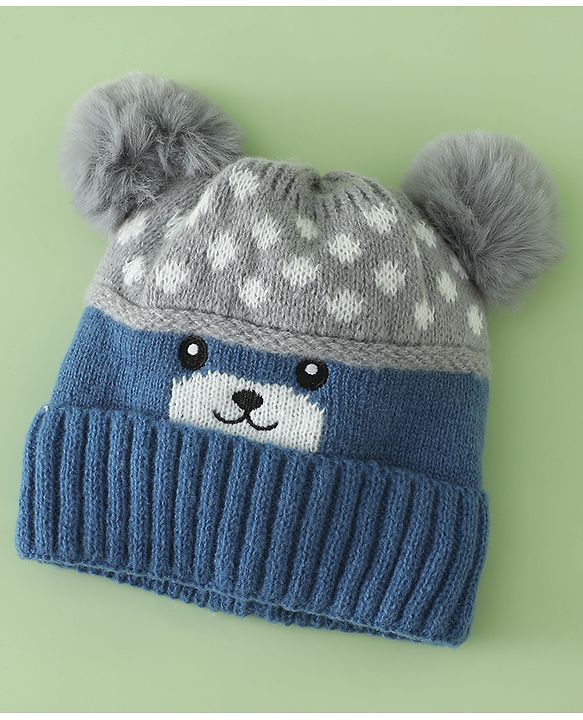Babyhug Woollen Cap with Bear Print & Applique Blue - Diameter 17 cm