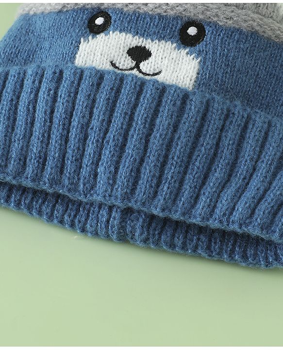 Babyhug Woollen Cap with Bear Print & Applique Blue - Diameter 17 cm