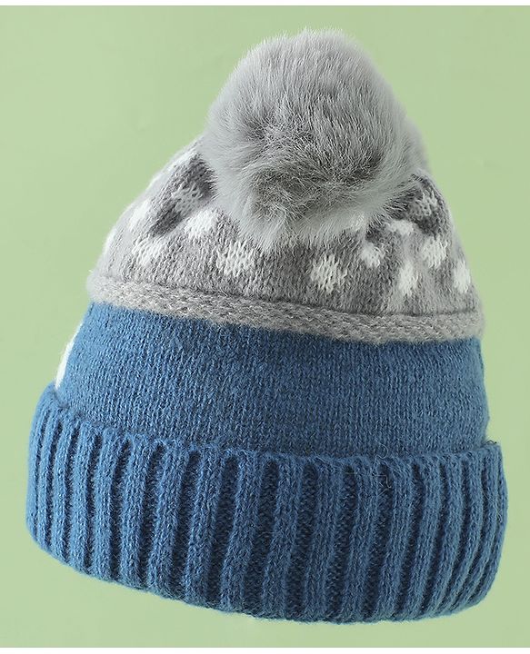 Babyhug Woollen Cap with Bear Print & Applique Blue - Diameter 17 cm