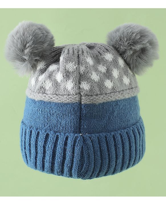 Babyhug Woollen Cap with Bear Print & Applique Blue - Diameter 17 cm