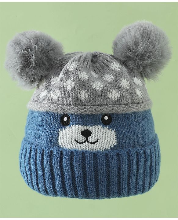 Babyhug Woollen Cap with Bear Print & Applique Blue - Diameter 17 cm