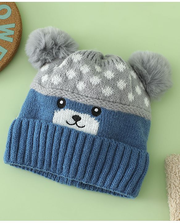 Babyhug Woollen Cap with Bear Print & Applique Blue - Diameter 17 cm