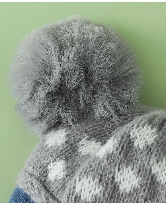 Babyhug Woollen Cap with Bear Print & Applique Blue - Diameter 17 cm
