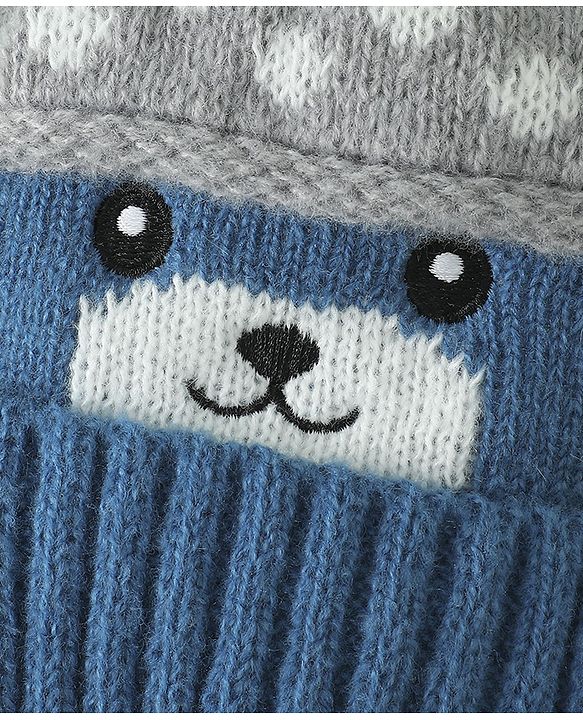 Babyhug Woollen Cap with Bear Print & Applique Blue - Diameter 17 cm