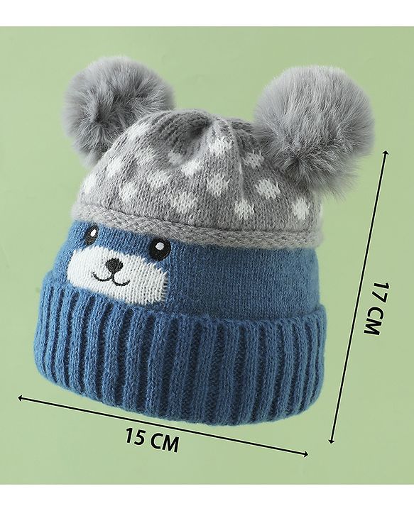 Babyhug Woollen Cap with Bear Print & Applique Blue - Diameter 17 cm