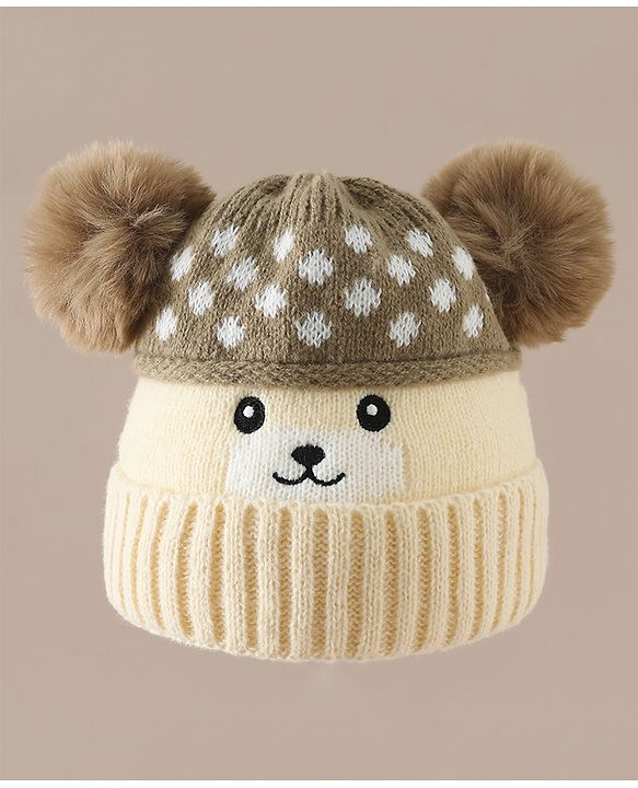 Babyhug Woollen Cap with Bear Print & Applique Blue - Diameter 17 cm
