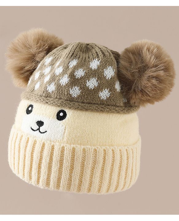 Babyhug Woollen Cap with Bear Print & Applique Blue - Diameter 17 cm