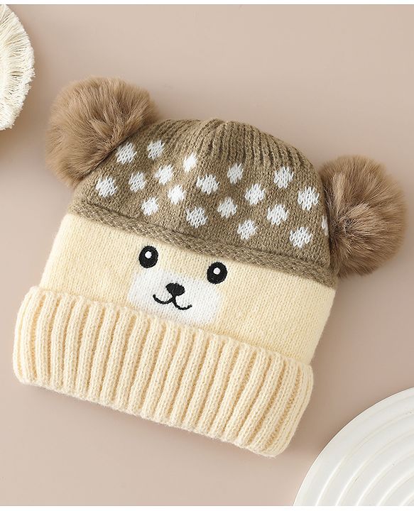 Babyhug Woollen Cap with Bear Print & Applique Blue - Diameter 17 cm