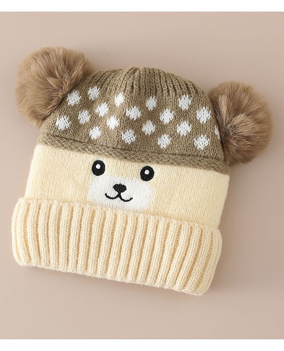 Babyhug Woollen Cap with Bear Print & Applique Blue - Diameter 17 cm
