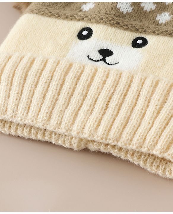 Babyhug Woollen Cap with Bear Print & Applique Blue - Diameter 17 cm