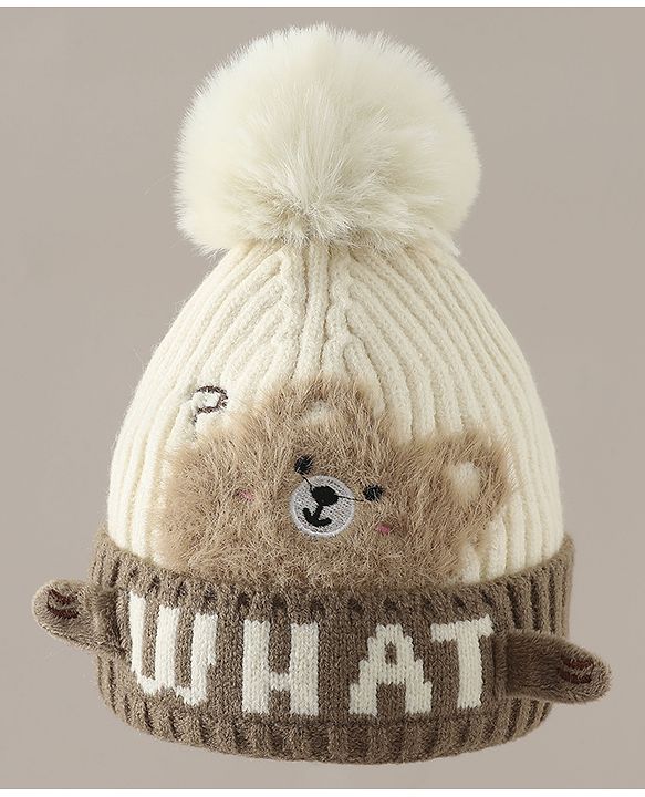 Babyhug Woollen Cap with Pom Pom & Bear Patch Brown - Diameter 17.5 cm