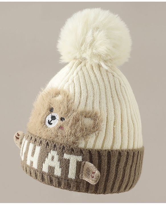 Babyhug Woollen Cap with Pom Pom & Bear Patch Brown - Diameter 17.5 cm