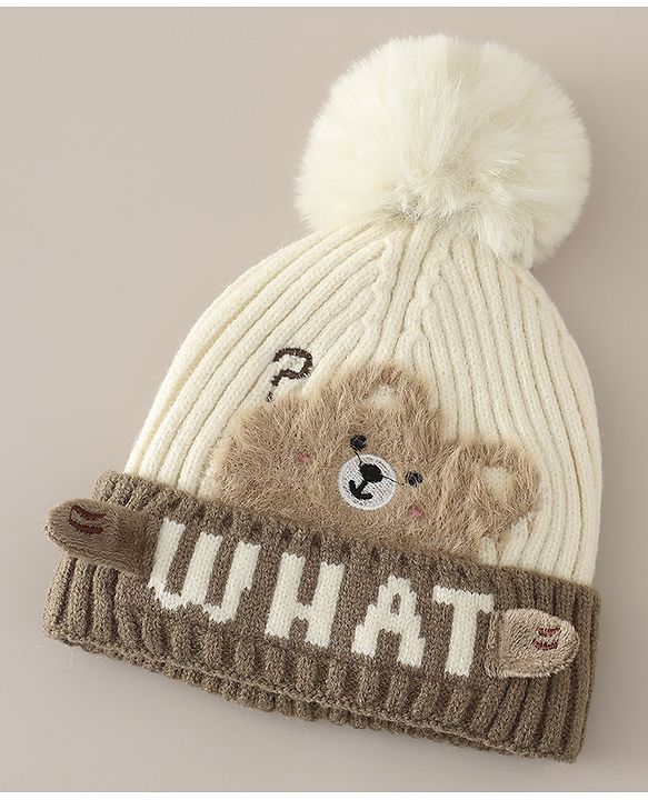 Babyhug Woollen Cap with Pom Pom & Bear Patch Brown - Diameter 17.5 cm