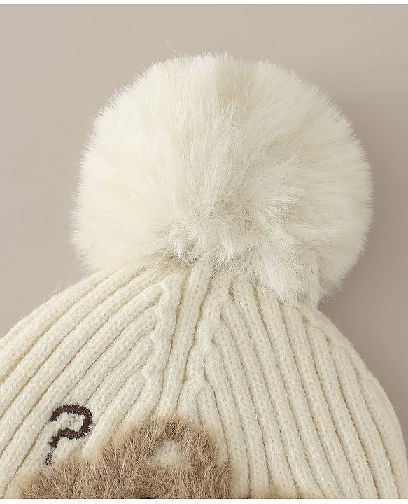 Babyhug Woollen Cap with Pom Pom & Bear Patch Brown - Diameter 17.5 cm