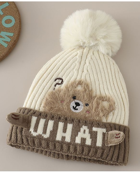 Babyhug Woollen Cap with Pom Pom & Bear Patch Brown - Diameter 17.5 cm