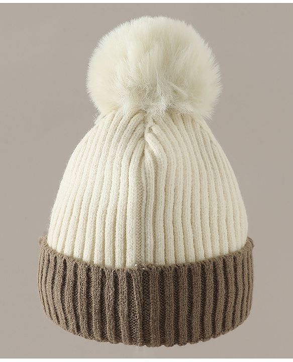 Babyhug Woollen Cap with Pom Pom & Bear Patch Brown - Diameter 17.5 cm