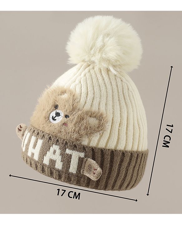 Babyhug Woollen Cap with Pom Pom & Bear Patch Brown - Diameter 17.5 cm