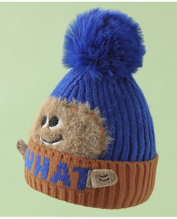 Babyhug Woollen Cap with Pom Pom & Bear Patch Brown - Diameter 17.5 cm