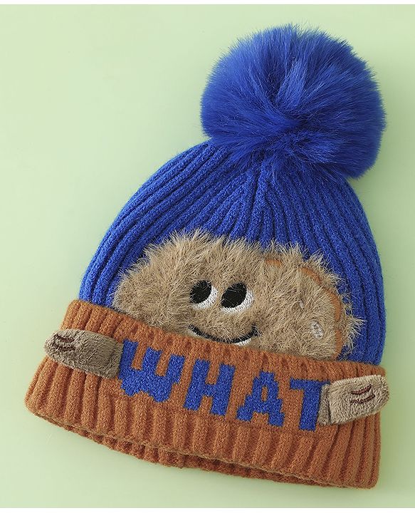 Babyhug Woollen Cap with Pom Pom & Bear Patch Brown - Diameter 17.5 cm