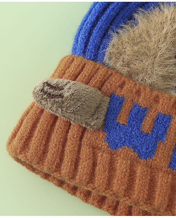 Babyhug Woollen Cap with Pom Pom & Bear Patch Brown - Diameter 17.5 cm