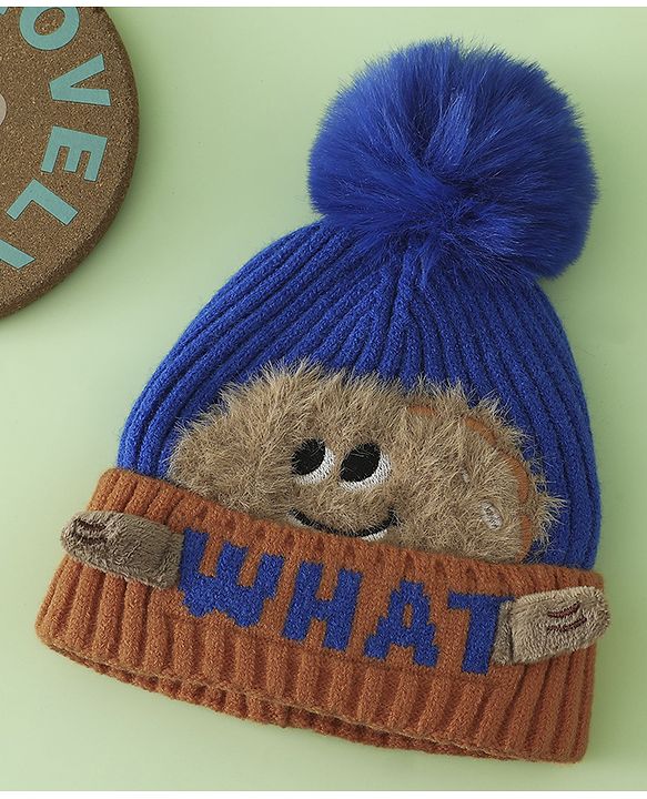 Babyhug Woollen Cap with Pom Pom & Bear Patch Brown - Diameter 17.5 cm