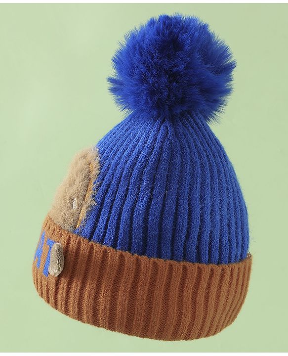 Babyhug Woollen Cap with Pom Pom & Bear Patch Brown - Diameter 17.5 cm
