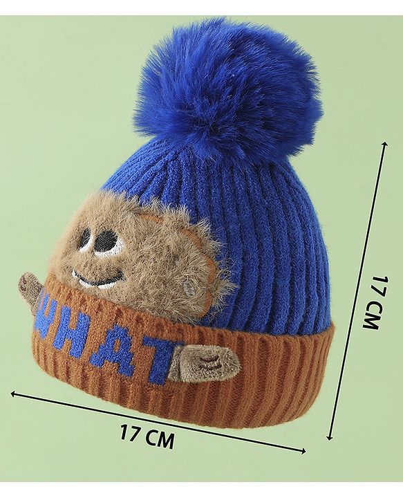 Babyhug Woollen Cap with Pom Pom & Bear Patch Brown - Diameter 17.5 cm