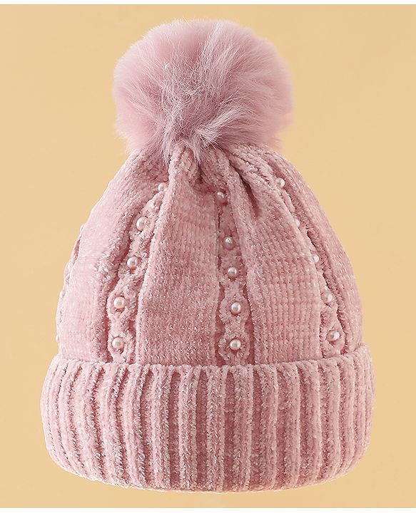 Pine Kids Woollen Cap with Pom Pom & Pearls in Pink - Diameter 18.5 cm