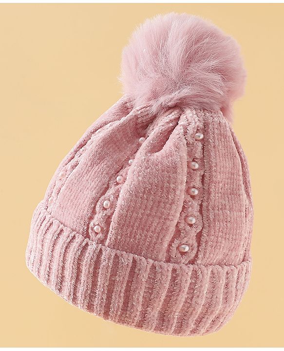 Pine Kids Woollen Cap with Pom Pom & Pearls in Pink - Diameter 18.5 cm