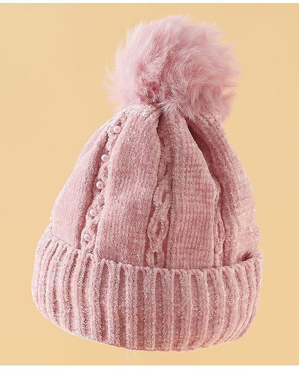 Pine Kids Woollen Cap with Pom Pom & Pearls in Pink - Diameter 18.5 cm
