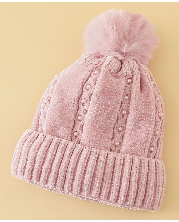 Pine Kids Woollen Cap with Pom Pom & Pearls in Pink - Diameter 18.5 cm