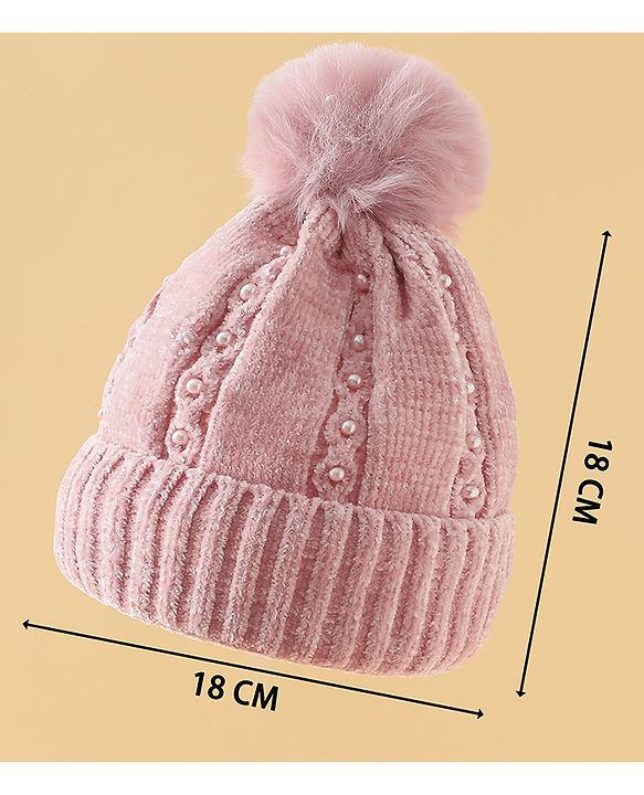 Pine Kids Woollen Cap with Pom Pom & Pearls in Pink - Diameter 18.5 cm