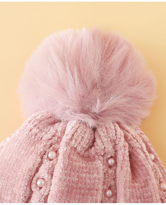 Pine Kids Woollen Cap with Pom Pom & Pearls in Pink - Diameter 18.5 cm