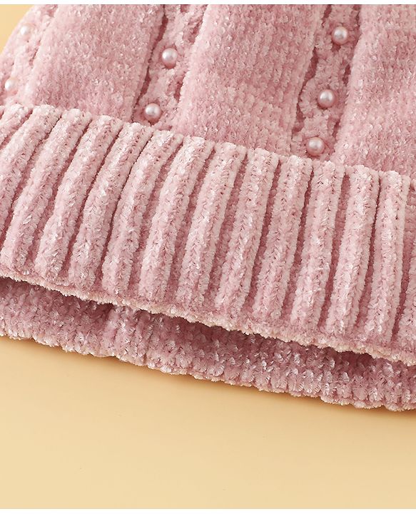 Pine Kids Woollen Cap with Pom Pom & Pearls in Pink - Diameter 18.5 cm