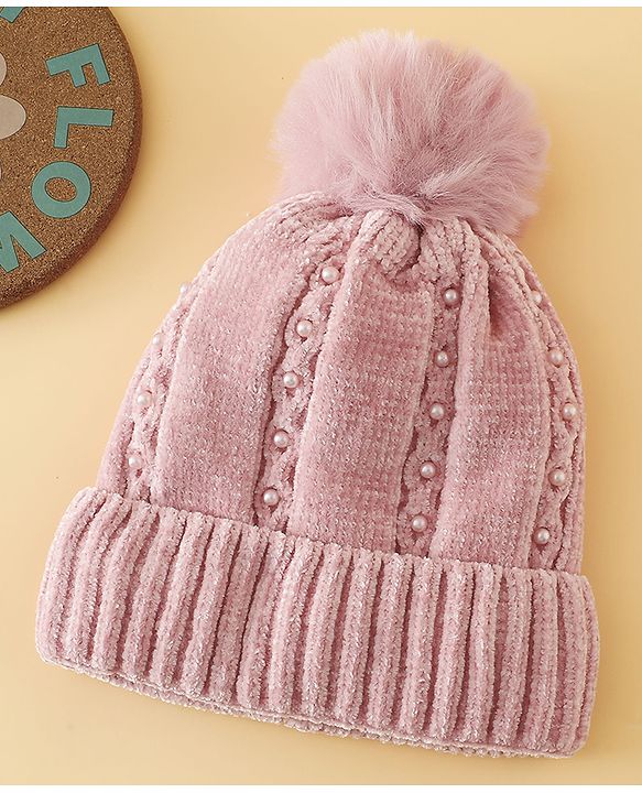 Pine Kids Woollen Cap with Pom Pom & Pearls in Pink - Diameter 18.5 cm