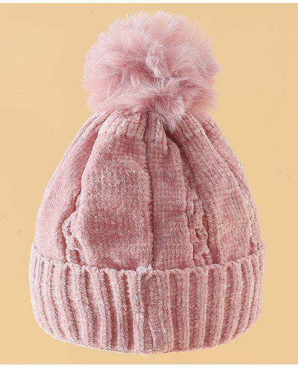 Pine Kids Woollen Cap with Pom Pom & Pearls in Pink - Diameter 18.5 cm