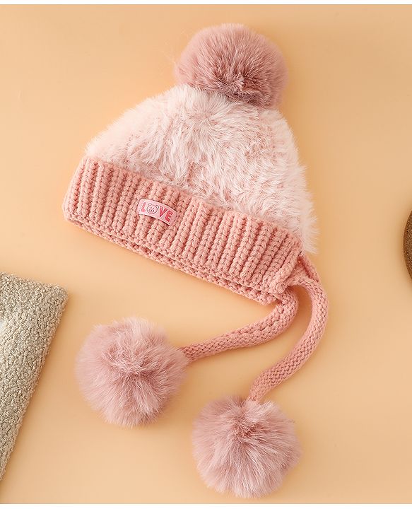 Pine Kids Woollen Cap with Pom Pom & Knot Pink - Diameter 25 cm