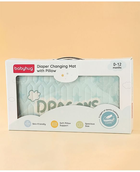 Babyhug Cooling Latex Baby Diaper Changing Mat with Pillow - Green| 60 cm x 120 cm| Soft & Comfortable| Breathable & Skin-Friendly| Cooling Surface| Anti-Slip Base| Washable