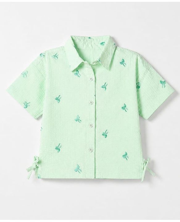 Babyhug 100% Cotton Woven Shirt Style Top with Half Sleeves and Bow Embroidery - Green