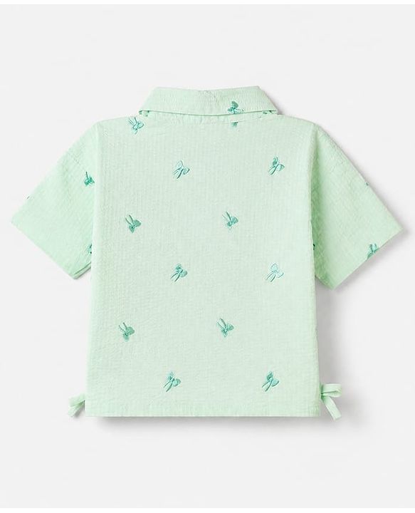 Babyhug 100% Cotton Woven Shirt Style Top with Half Sleeves and Bow Embroidery - Green