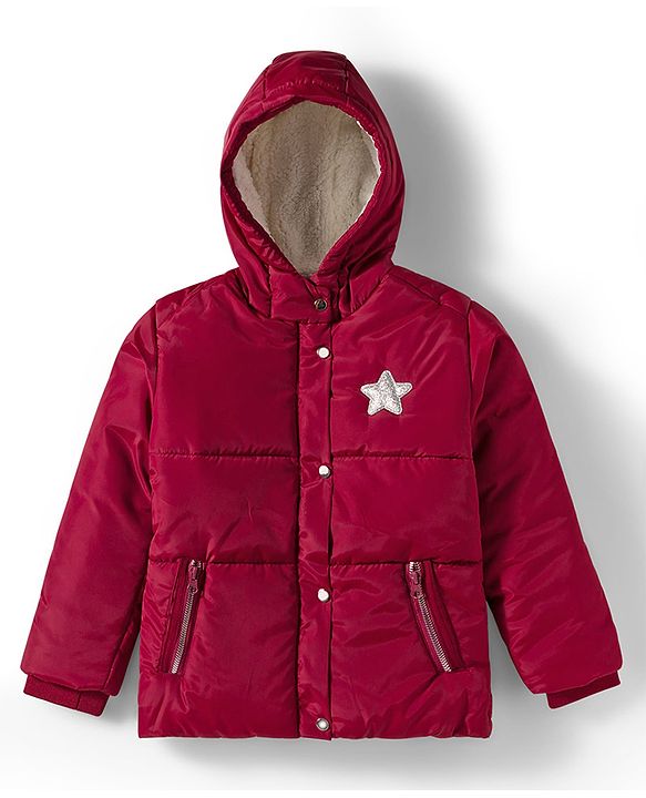 Babyhug Woven Full Sleeves Hooded Padded Jacket with Star Applique - Maroon