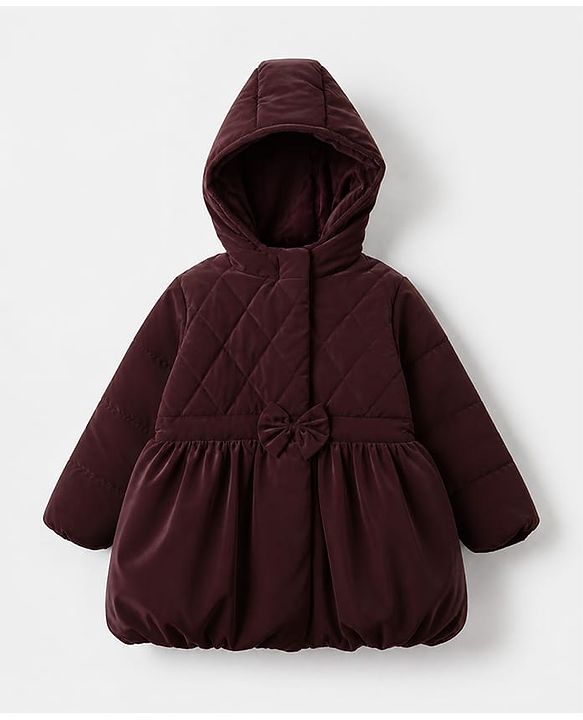 Babyhug Woven Padded Hooded Winter Jacket with Full Sleeves & Bow Applique - Maroon
