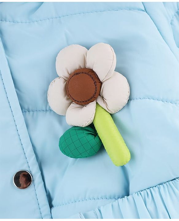 Babyhug Woven A-Line Winter Jacket with Full Sleeves and Floral Applique - Sky Blue