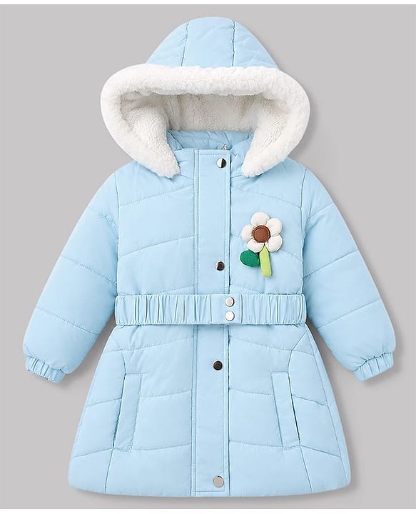 Babyhug Woven A-Line Winter Jacket with Full Sleeves and Floral Applique - Sky Blue