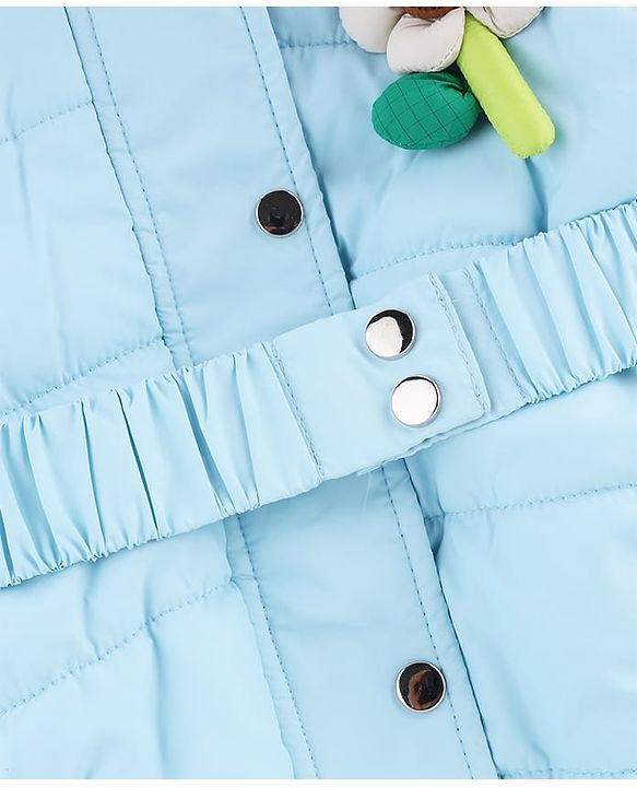 Babyhug Woven A-Line Winter Jacket with Full Sleeves and Floral Applique - Sky Blue
