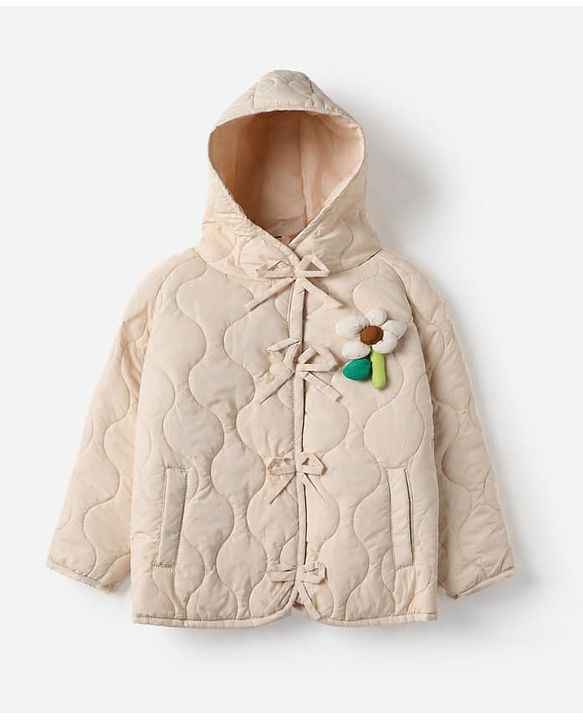 Babyhug Woven Full Raglan Sleeves Hooded Winter Puffed Jacket With Floral Applique - Beige